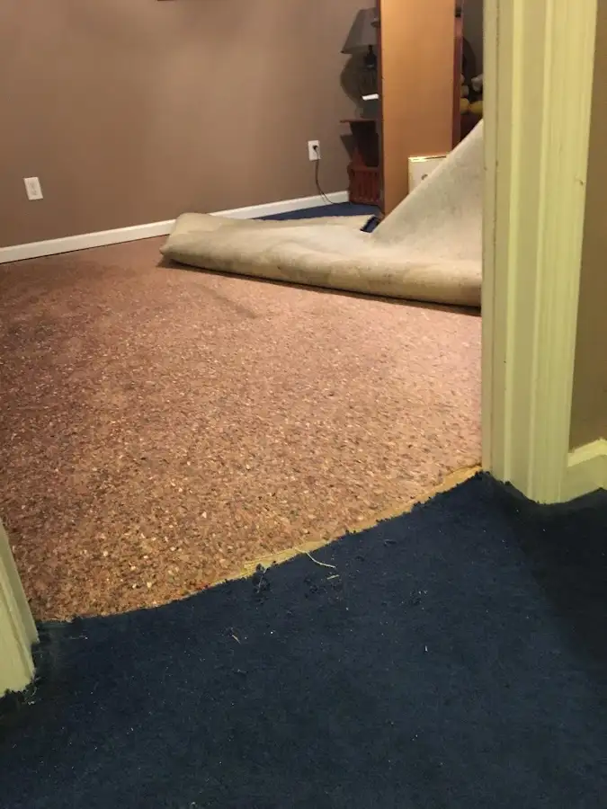 Carpet pad removal revealing water damage during Water Mitigation Services in San Juan Capistrano